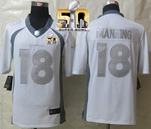 Nike Broncos #18 Peyton Manning White Super Bowl 50 Men's Stitched NFL Limited Platinum Jersey - Click Image to Close